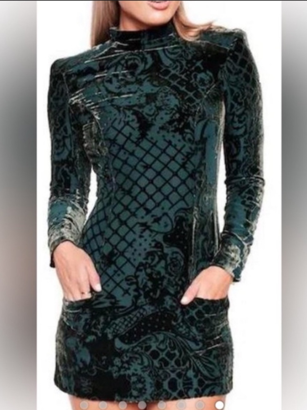 BALMAIN x H&M Mock Neck Velvet Burnout Mini Green Dress Size US 4
